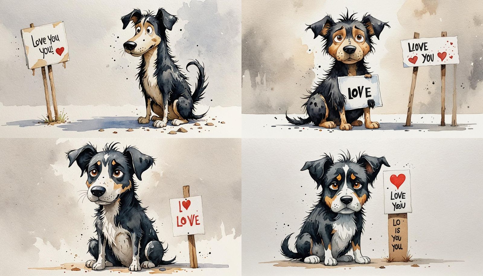Funny Cartoon Dog Watercolor Illustration with Sign