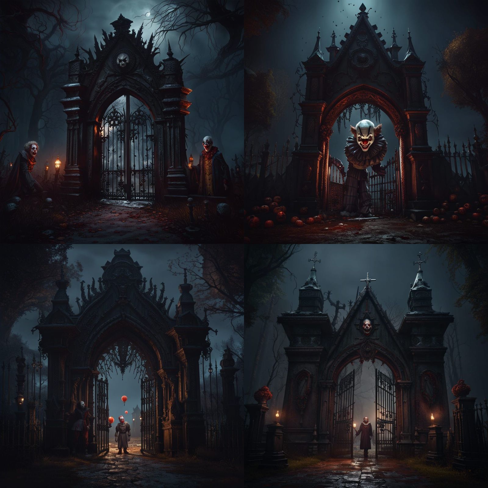 Gothic Graveyard Gate with Creepy Clown, Dark Fantasy Art