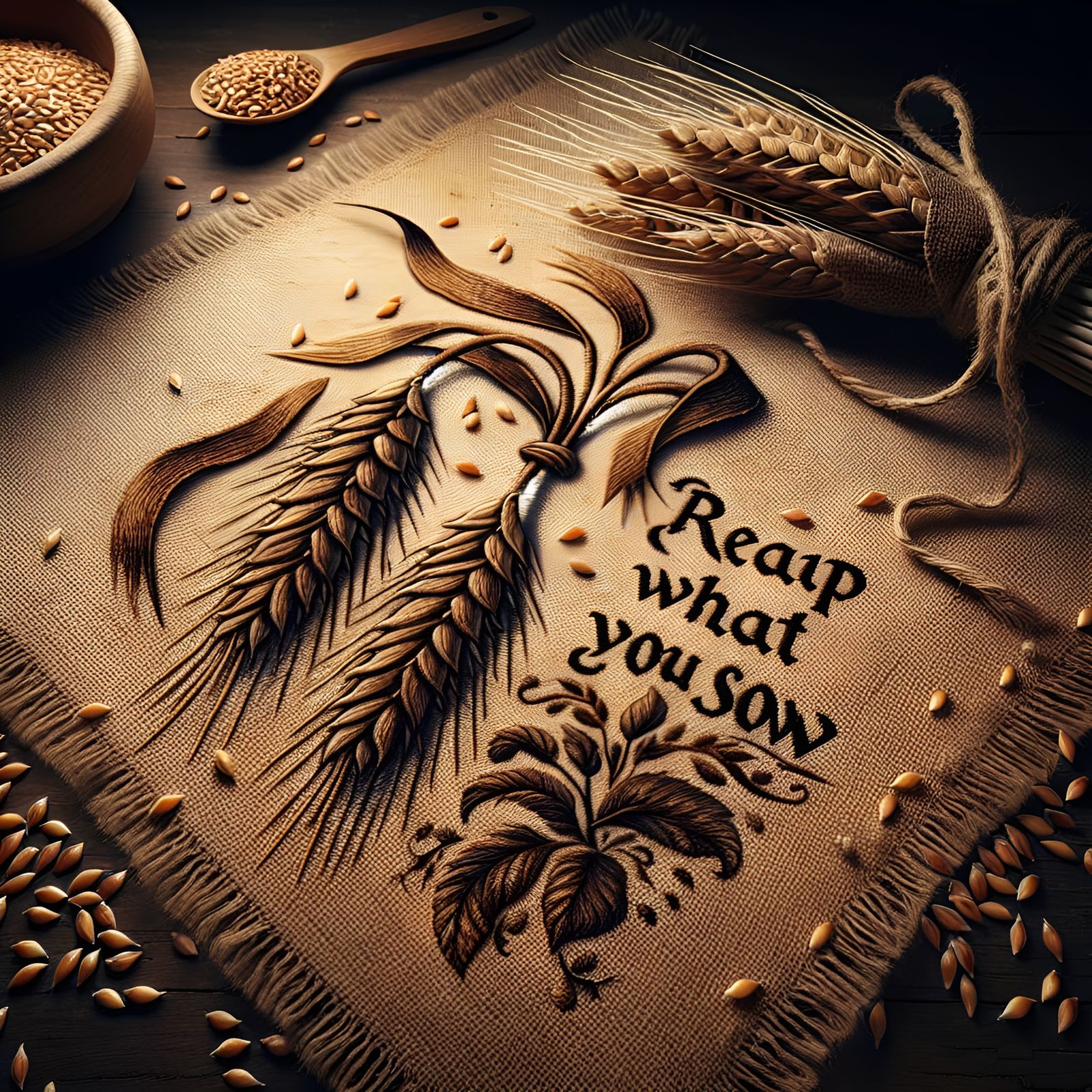 Hyper-Realistic Wheat Still Life with Embroidered Burlap