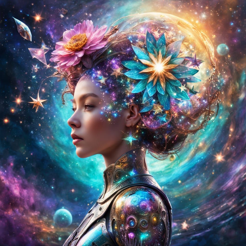 Cyborg in Sparkling Flower Garden, Holographic Art