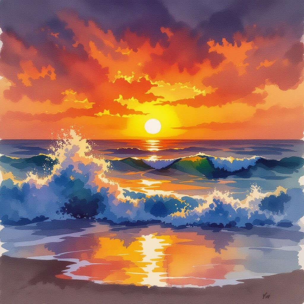 Fiery Sunrise Over Turbulent Sea in Watercolor Style