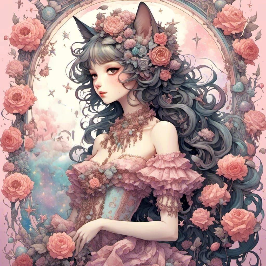 Dreamy Victorian Cat in a Rose Garden