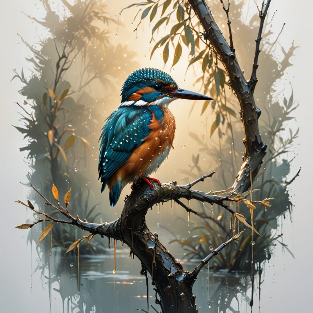 Kingfisher Amidst Rainy Willow Boughs in Ethereal Light