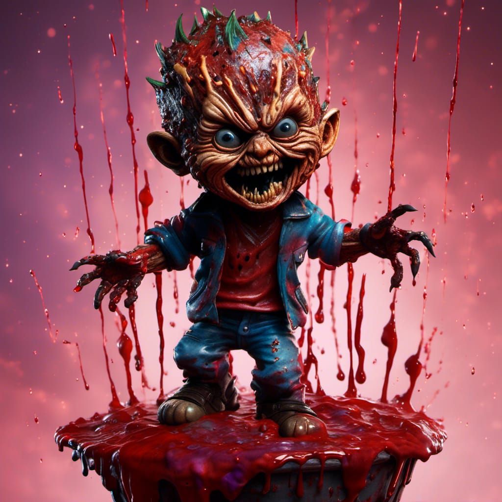 Hyperrealistic Baby Freddy Krueger Bobblehead on Bloody Stan...