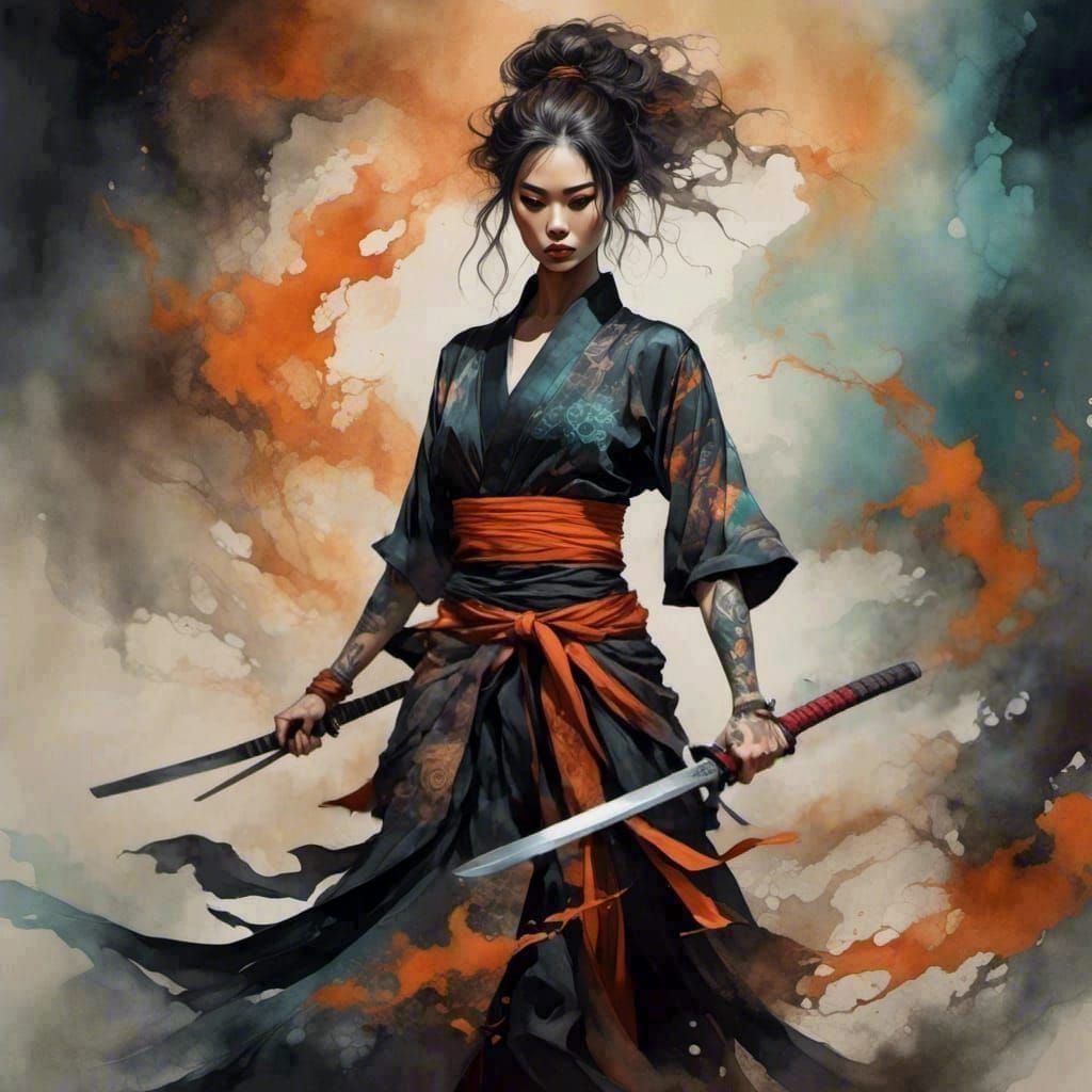 Ninja warrior princess emerging from the smoke