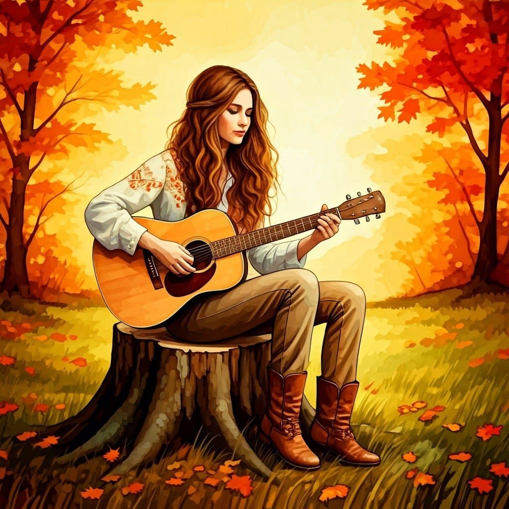 Boho Woman Playing Guitar in Watercolor Forest