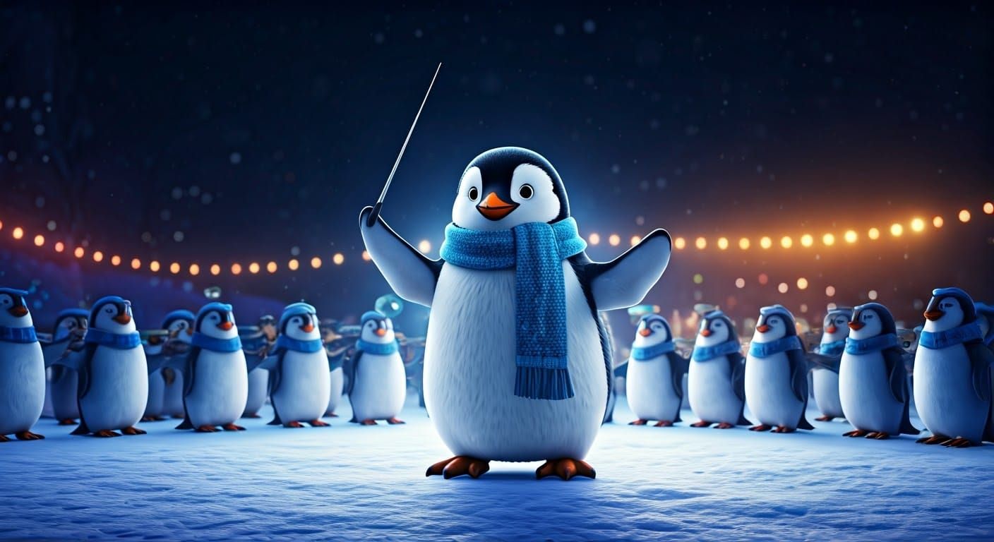 Winter Penguin Conductor Leads Joyful Orchestra