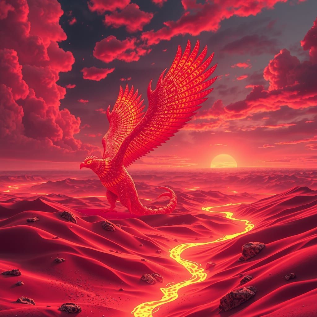 Mythical Fire Bird Soaring Over Lava Landscape