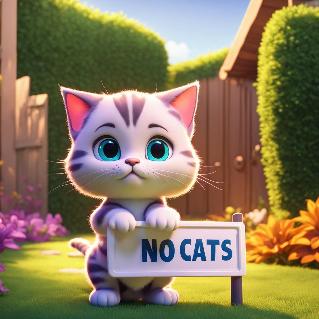 Cute Chibi Cat Holds 'No Cats' Sign in 3D