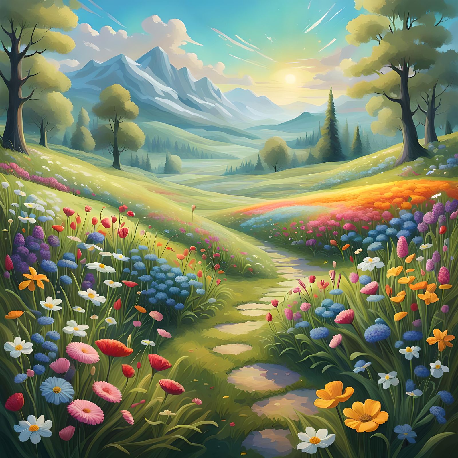 A vibrant meadow filled with a variety of spring flowers under the soft morning light