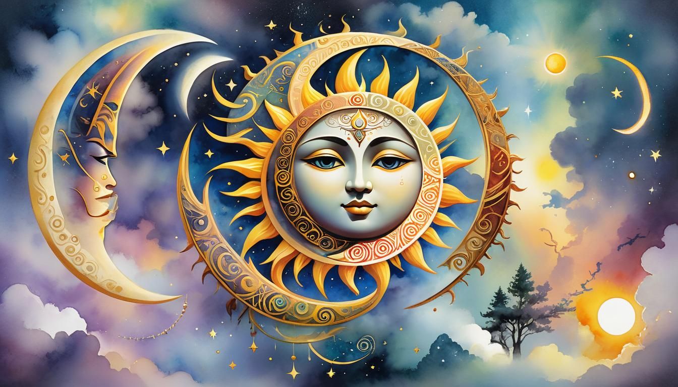Tribal Sun and Moon in Watercolor Style