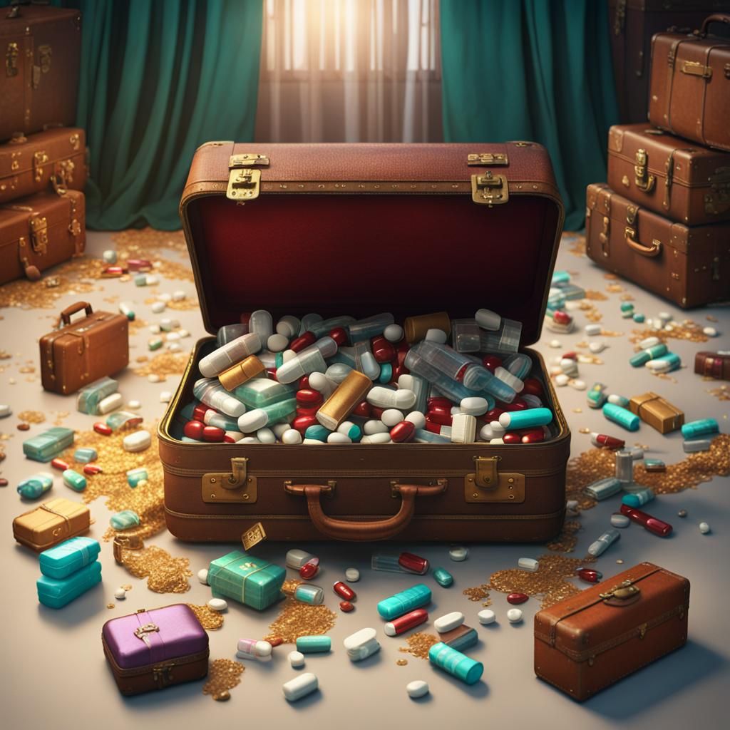 Suitcase Overflowing with Gifts and Pills: Detailed Matte Pa...
