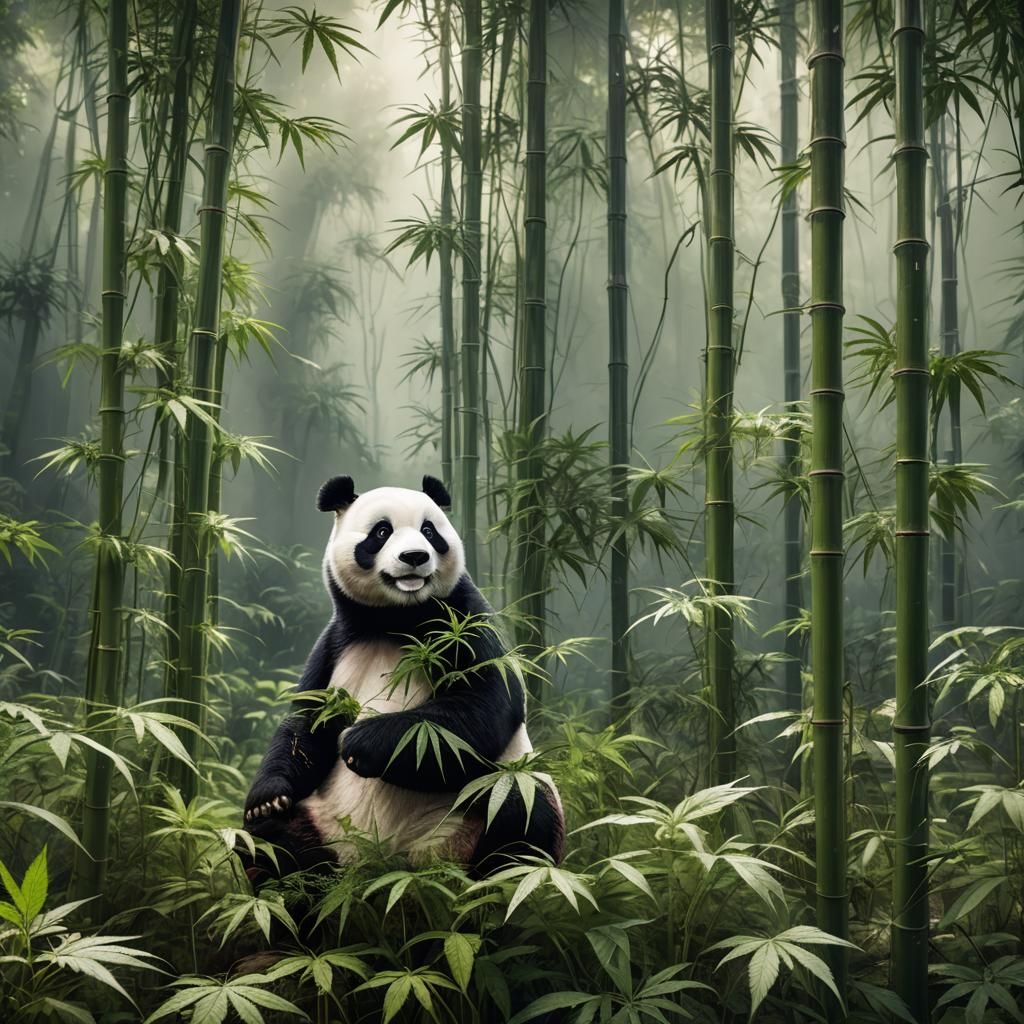 Realistic Panda in Cannabis Forest: Detailed Matte Painting