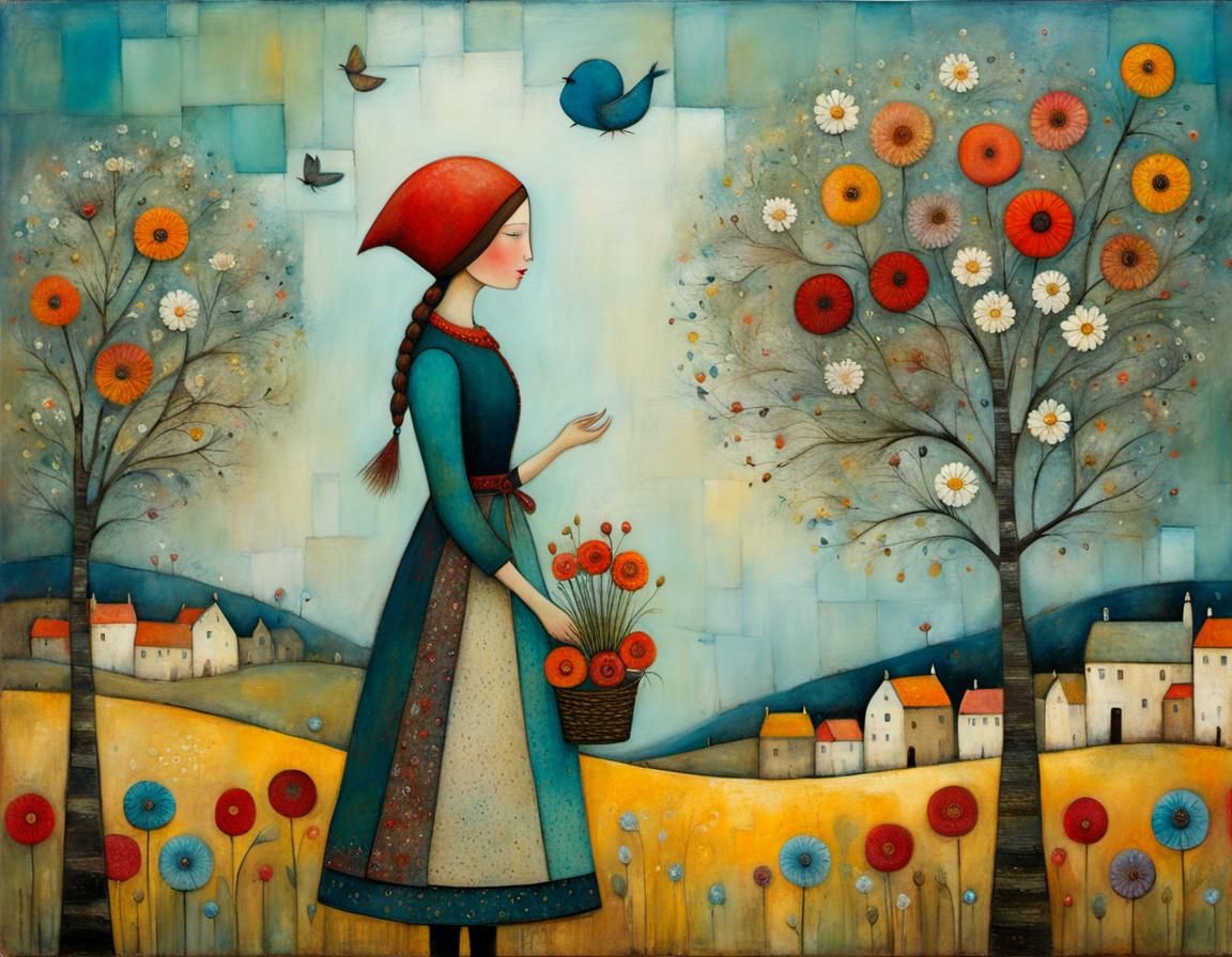 Magical Woman with Flowers: Whimsical Encaustic Painting