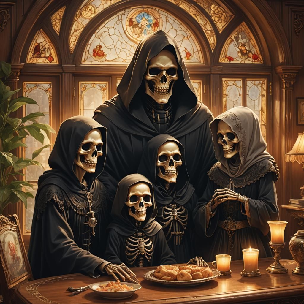 Cozy Grim Reaper Family Portrait in Golden Light