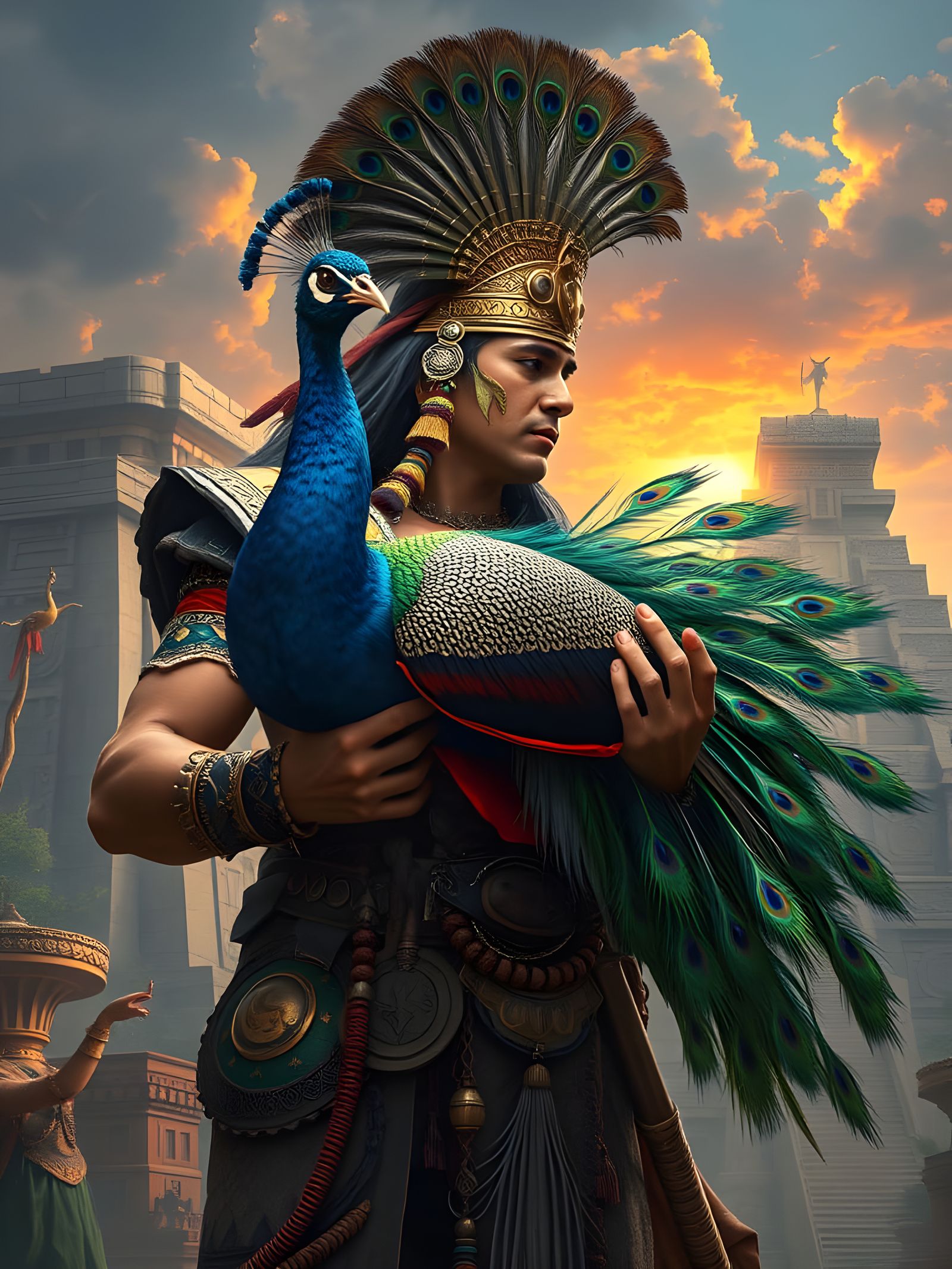 Surreal Fantasy Peacock in Ancient Aztec Temple