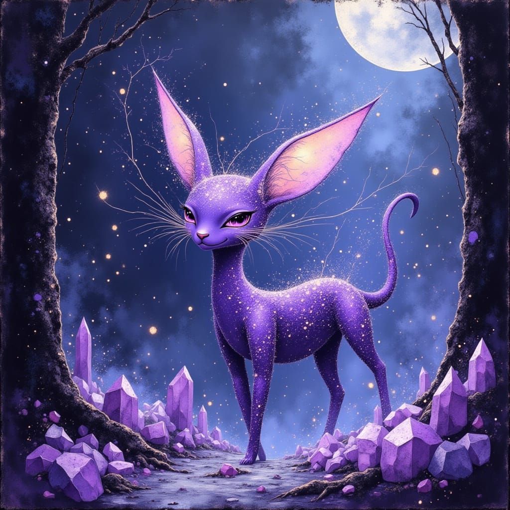 Magical Amethyst Creature in Moonlit Crystal Forest