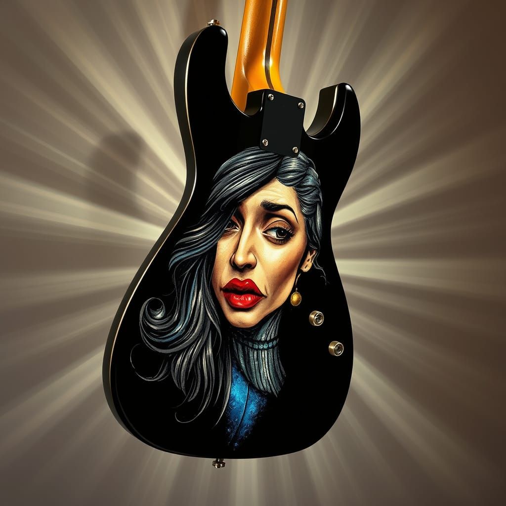 Surreal Black Stratocaster with Woman's Face Relief