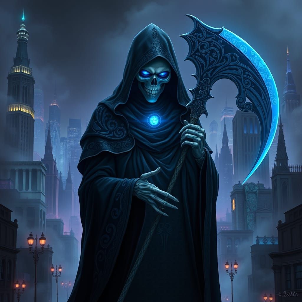 Ethereal Grim Reaper in Gothic Cityscape