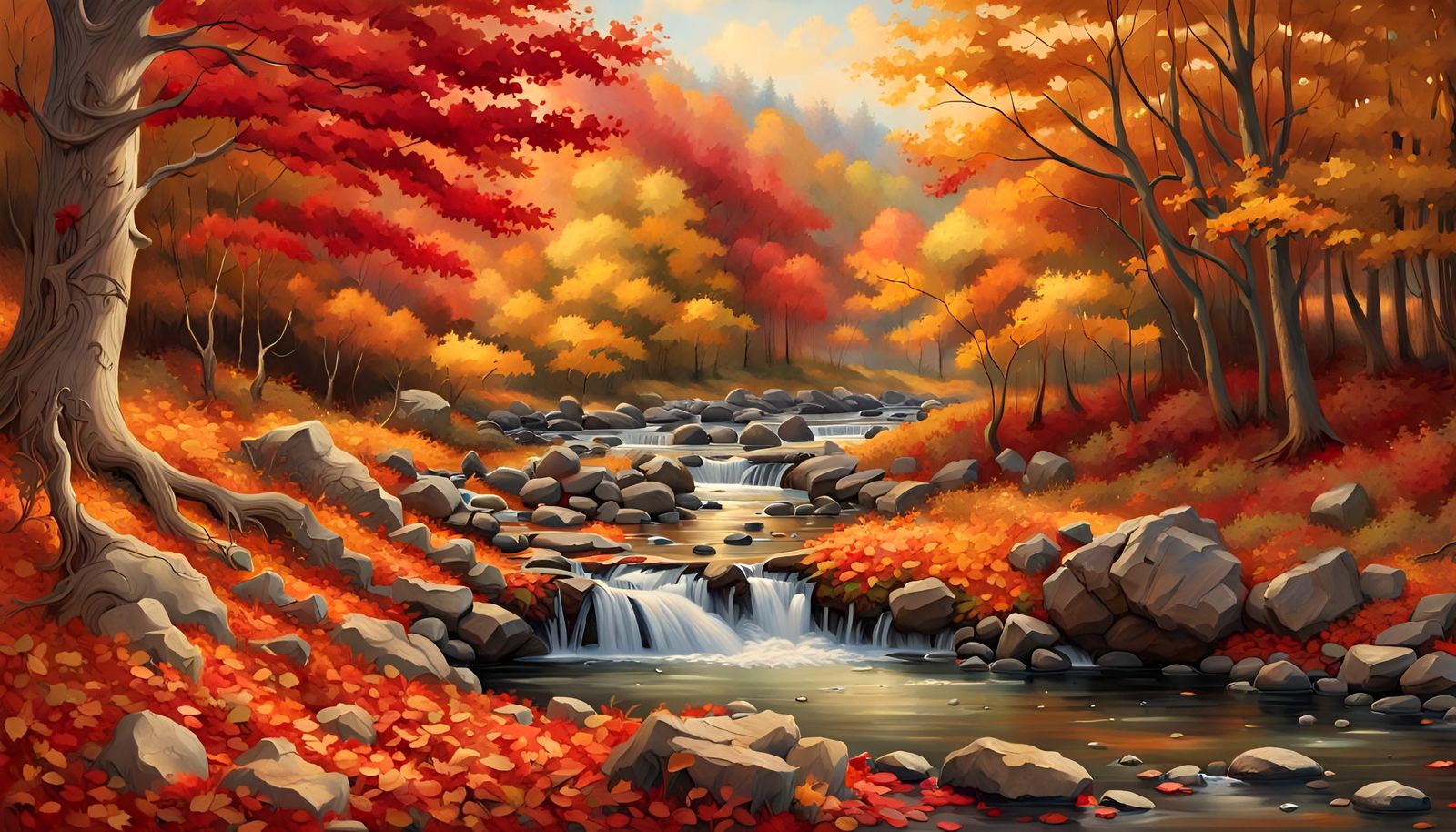 Hyperrealistic Autumn Stream with Deer