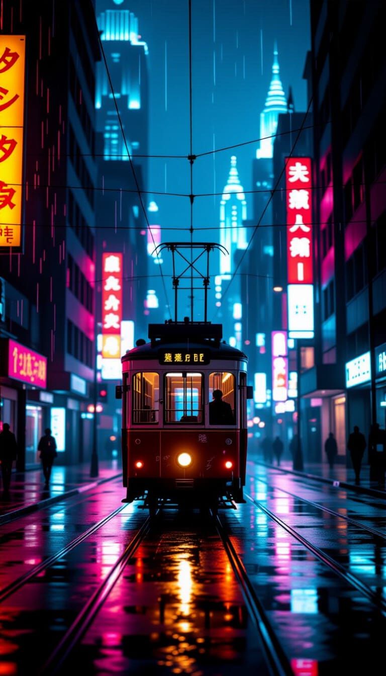 Retro-Futuristic City Night Through Tram Window