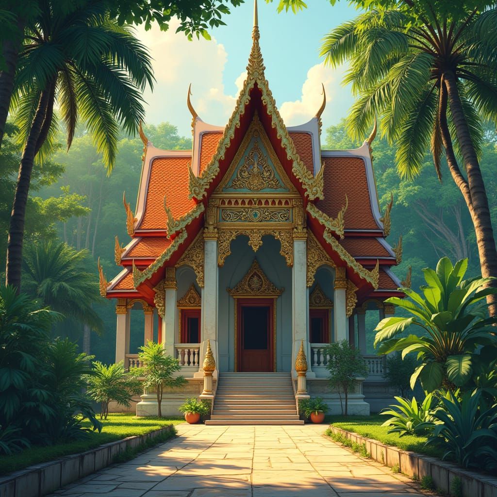 Serene Thai Temple Amidst Palm Trees in Tropical Dreamlike S...