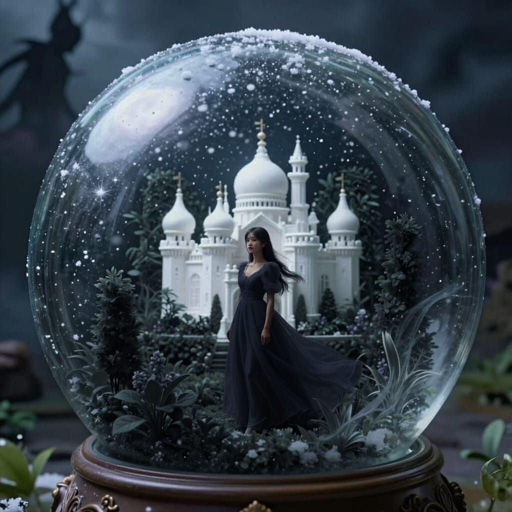 Woman in Purple Gown and Snow Globe Castle During Tempest