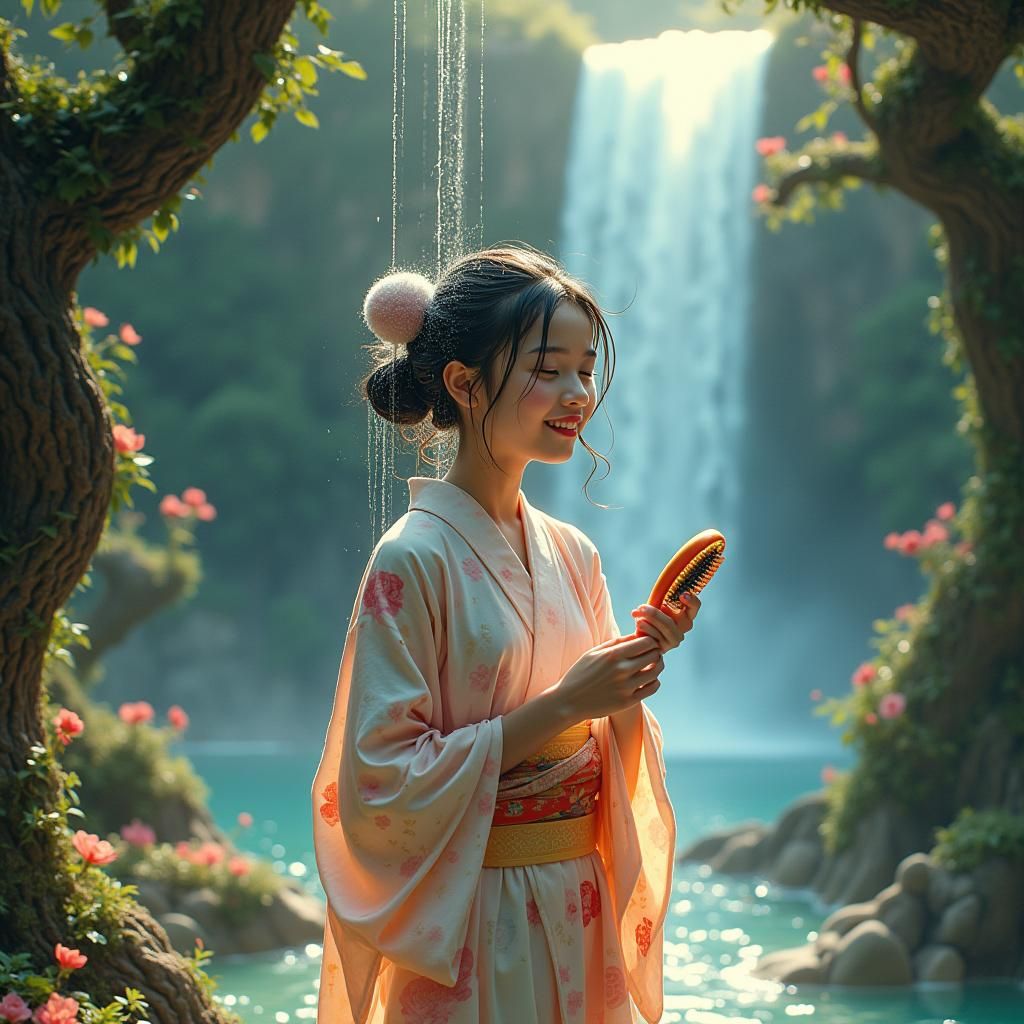 Girl Under Iridescent Waterfall in Dreamlike Paradise