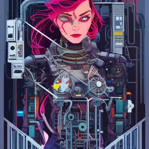 Cyberpunk Cyborg Hacker Hacking Mainframe in Inkpunk Style