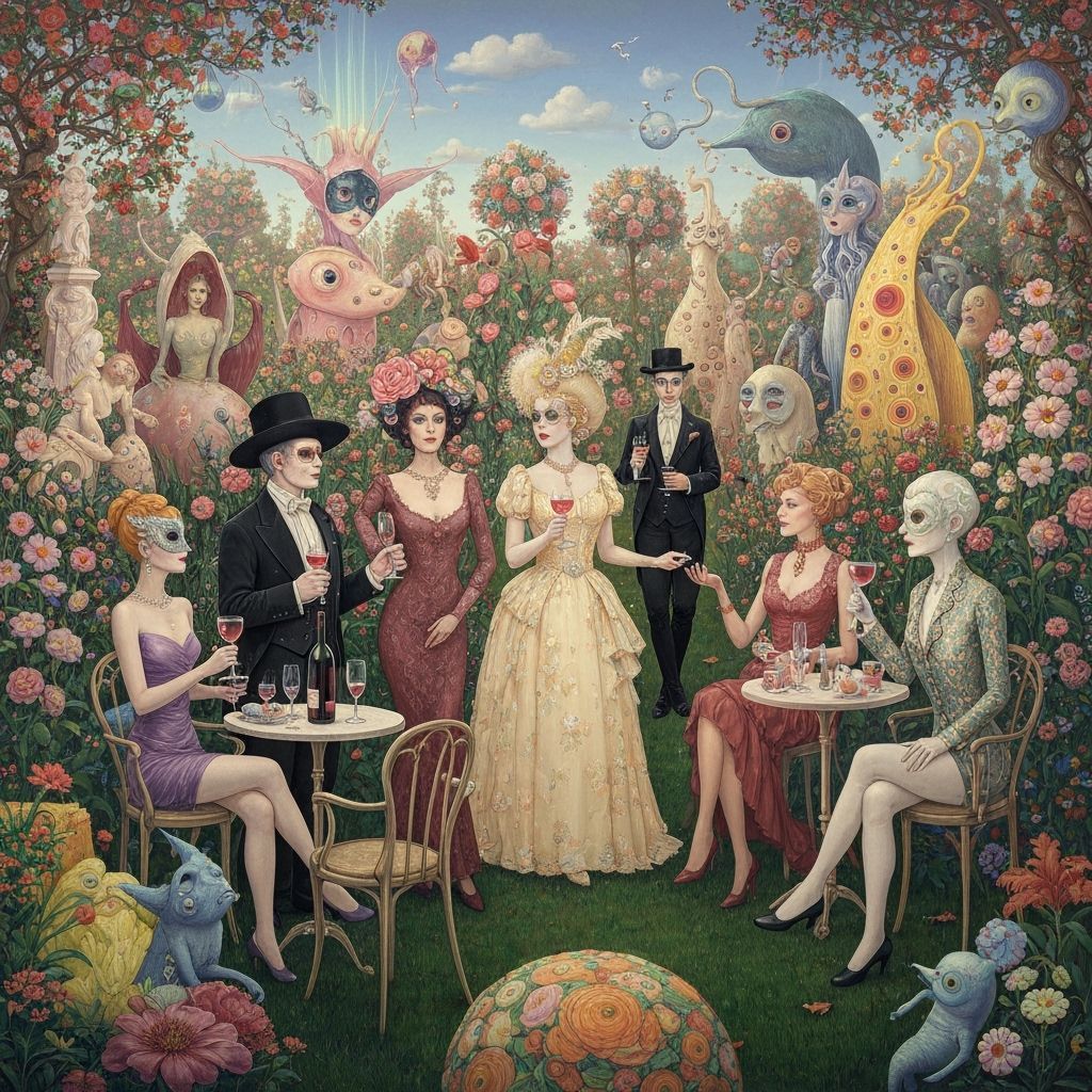 Surreal Garden Party in Bosch and Klimt Style