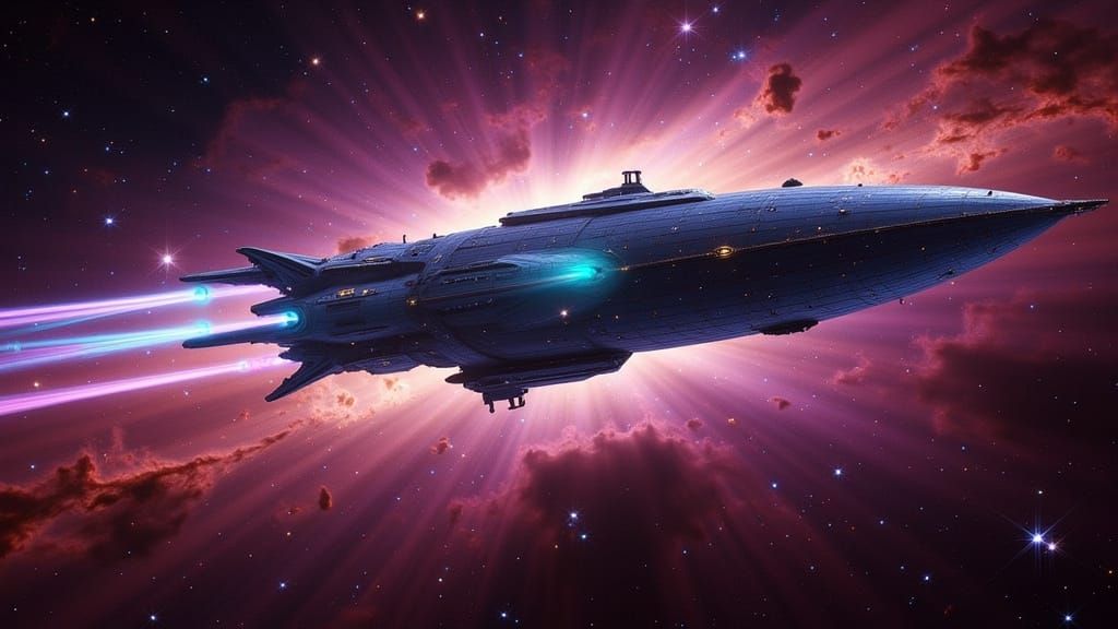 Futuristic Starship Navigates Nebula in Rococo-wave Style