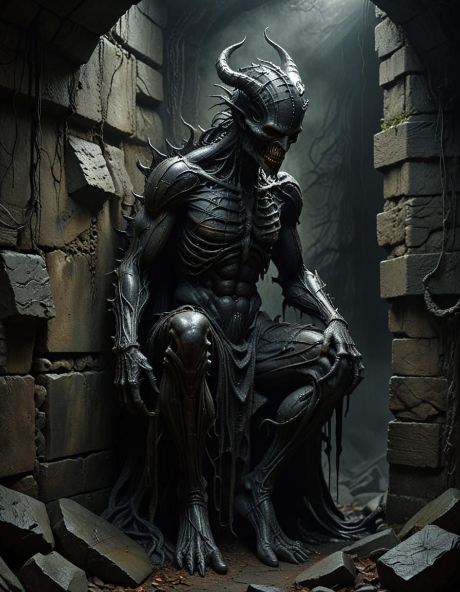 Dark Demon Emerges from Gothic Stone Wall