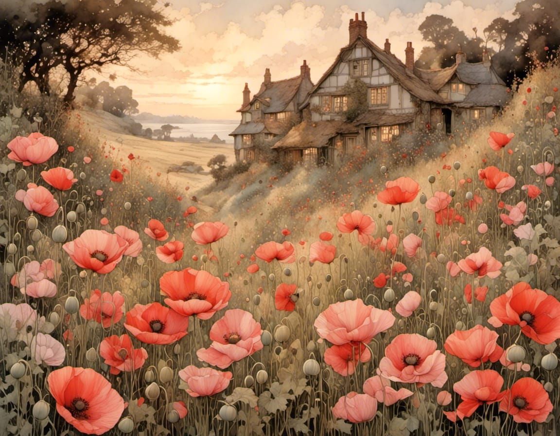 Poppies in Pink Evening Light: Detailed Illustration