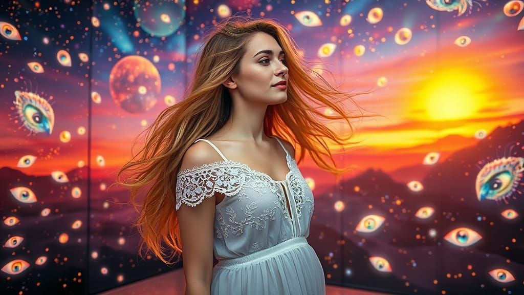 Surreal Cosmic Goddess in Infinity Mirrored Room Sunset