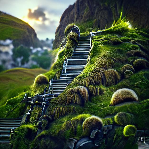 Cinematic Mossy Stairway Amongst Rolling Green Hills