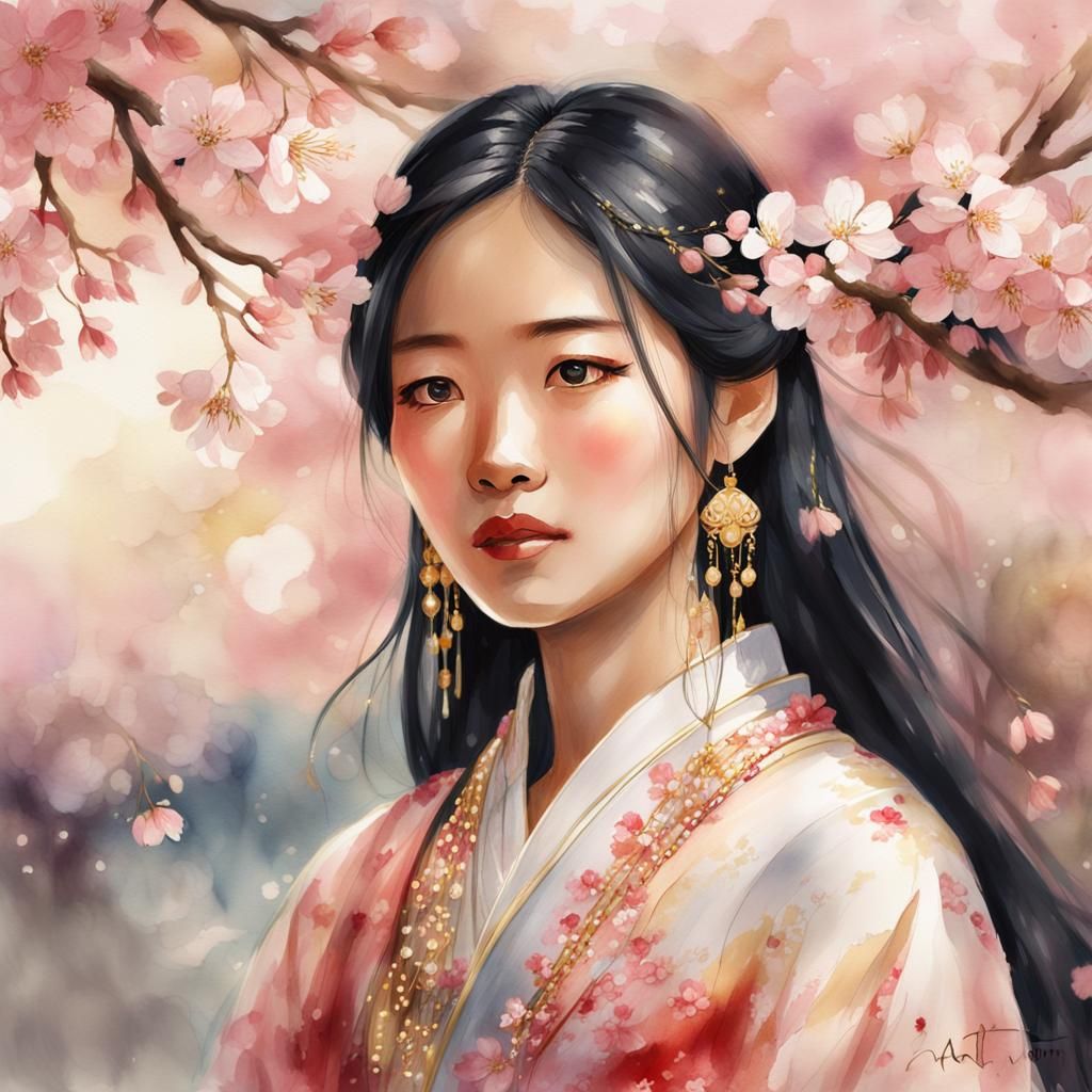 Ethereal Watercolor Portrait of Asian Woman with Cherry Blos...