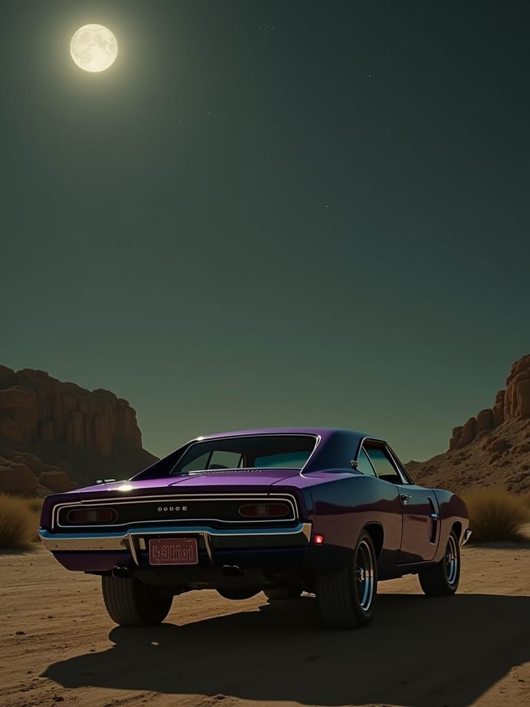 Metallic Purple 1969 Dodge Charger Under Starry Desert Sky