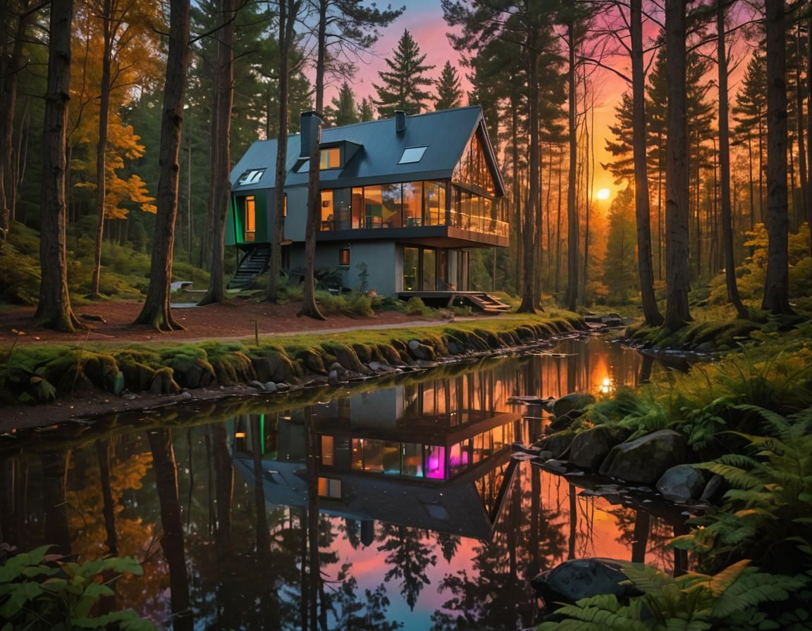 Ultramodern House in Woods with Rainbow Sunset