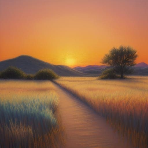 Textured Chalk Art Sunset Over Tranquil Landscape