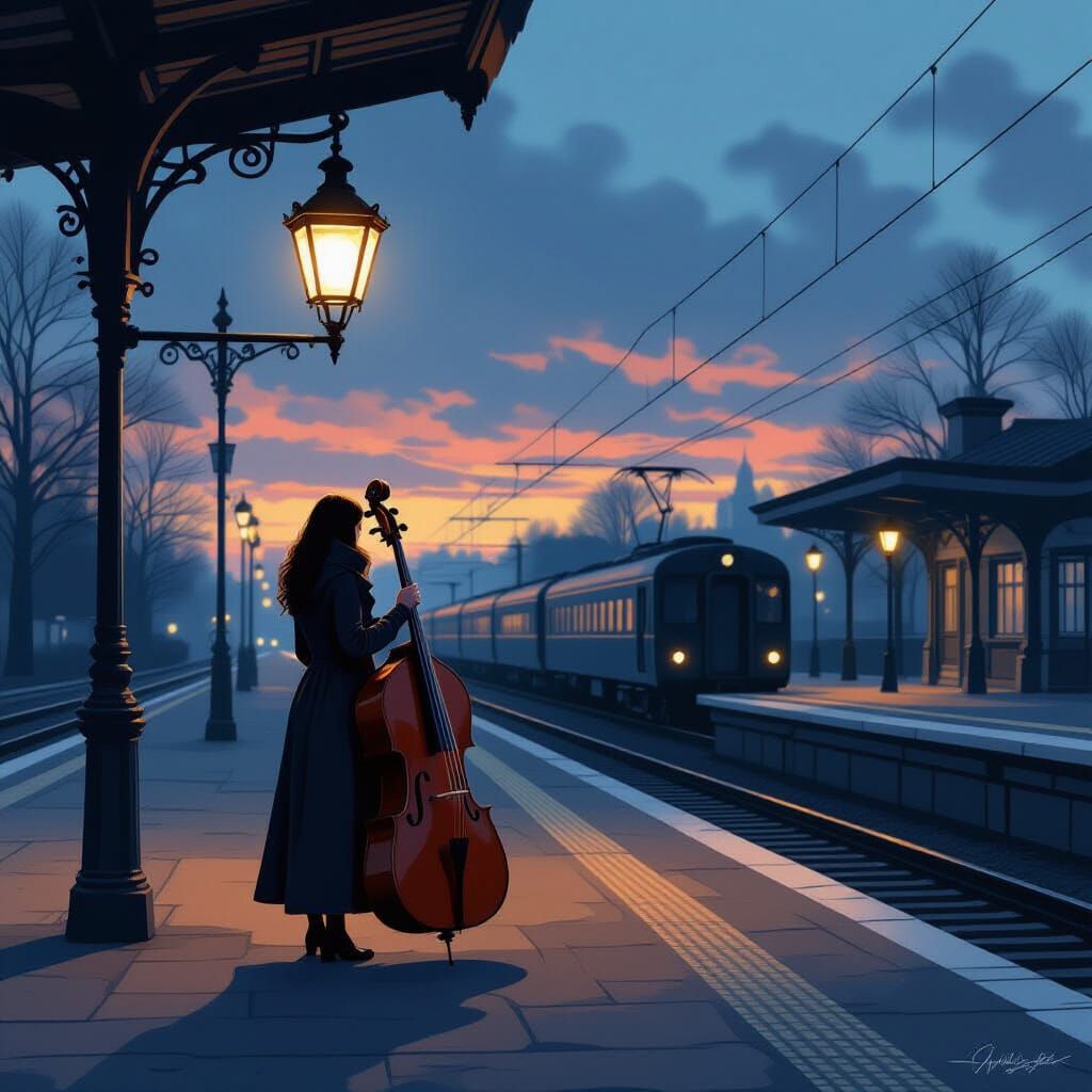 Woman with Cello Case on Dusk Train Platform