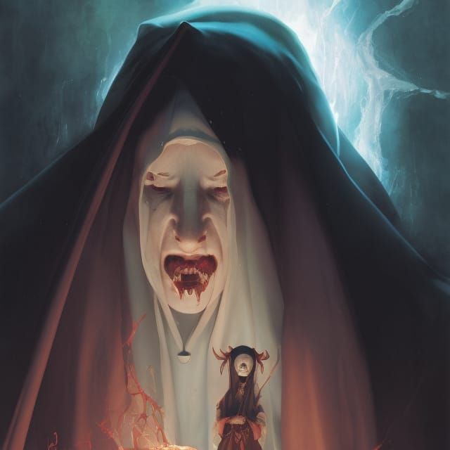 Haunted Demonic Nun Illustration in Vibrant Colors
