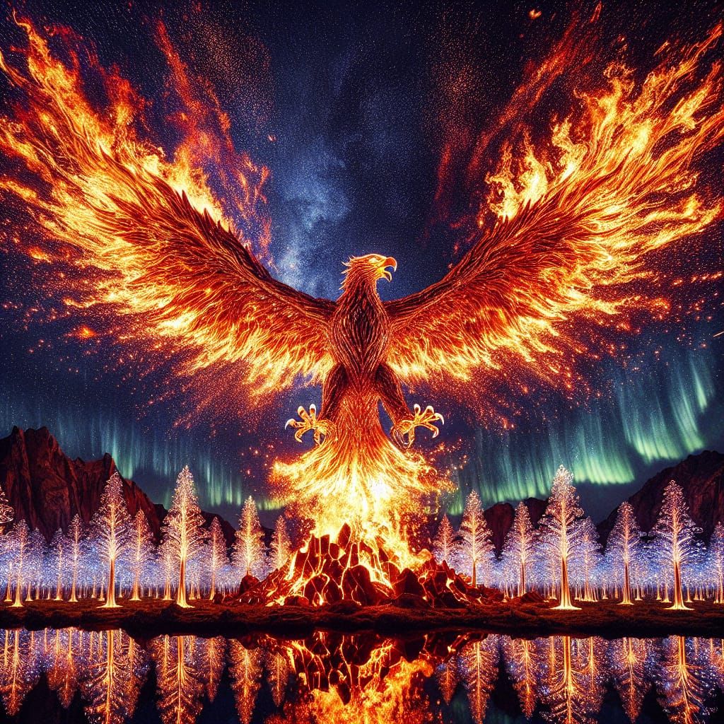 Majestic Molten Lava Eagle Soaring Above Glass Forest