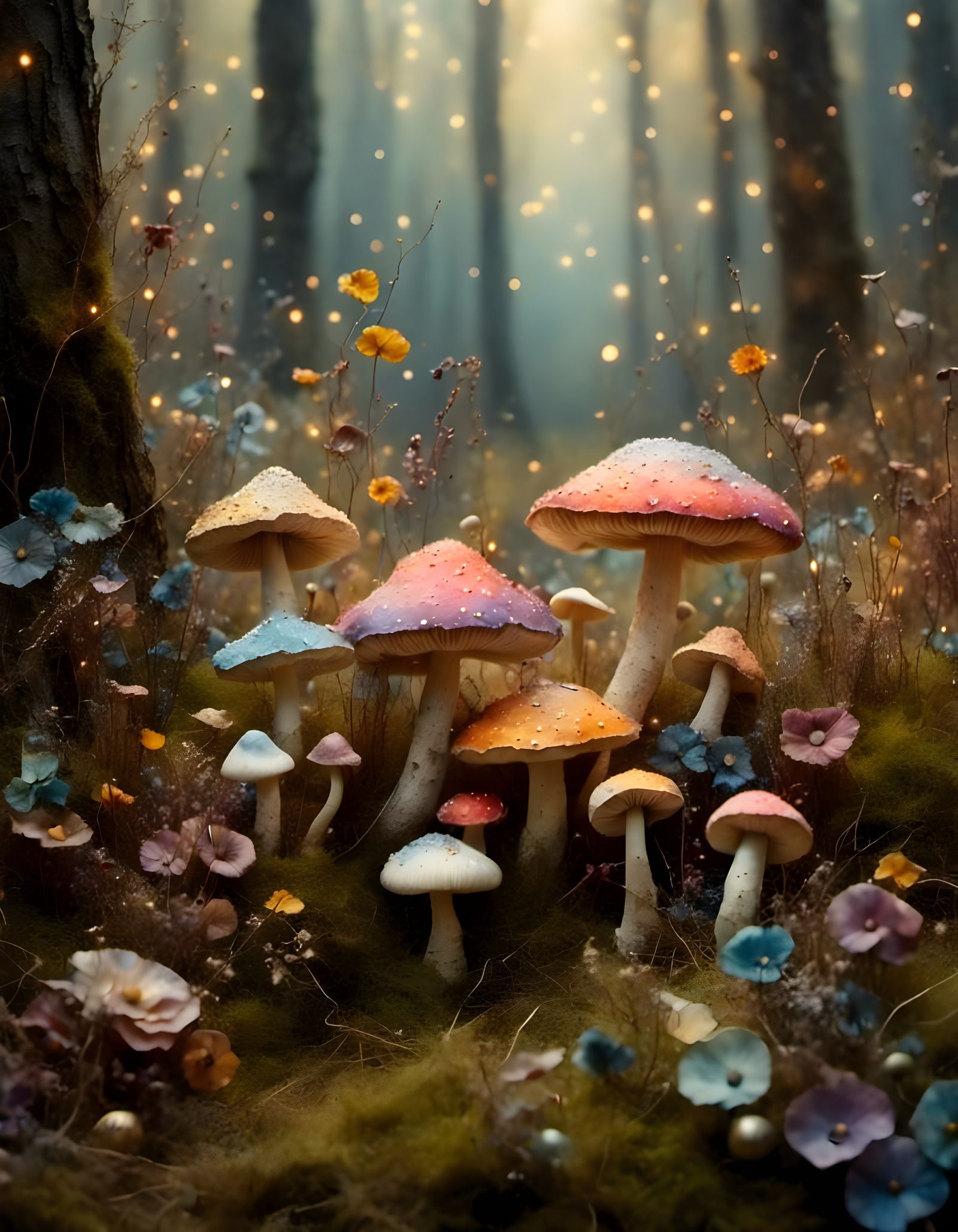 Whimsical Encaustic Forest Scene of Pastel Mushrooms