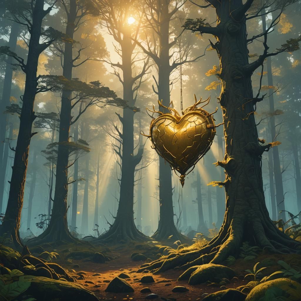 Golden Heart in Mystical Forest, Fantasy Art