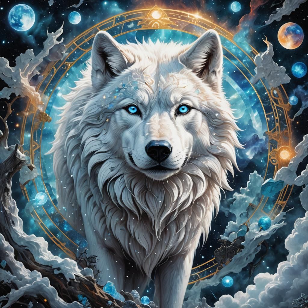 A huge white wolf with blue eyes