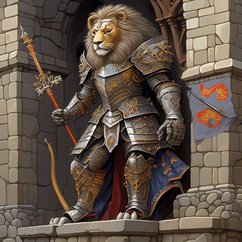 Armored Lion with Battle Flag in Hyperrealistic Style
