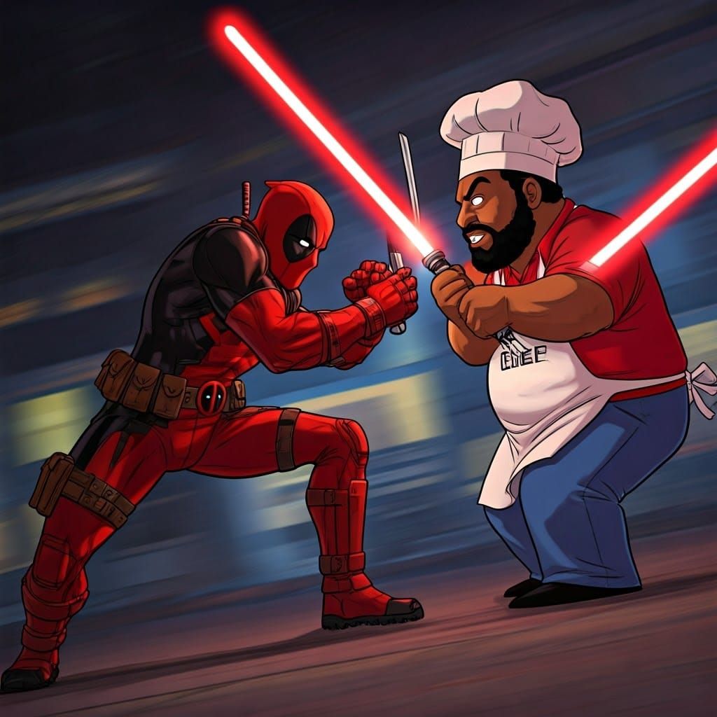 Deadpool vs Chef: Lightsaber Duel in Comic Style