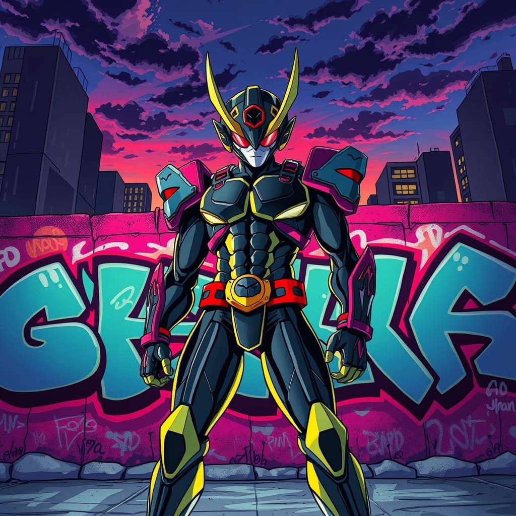 Anime Hero Guyver in Vibrant Graffiti Cityscape