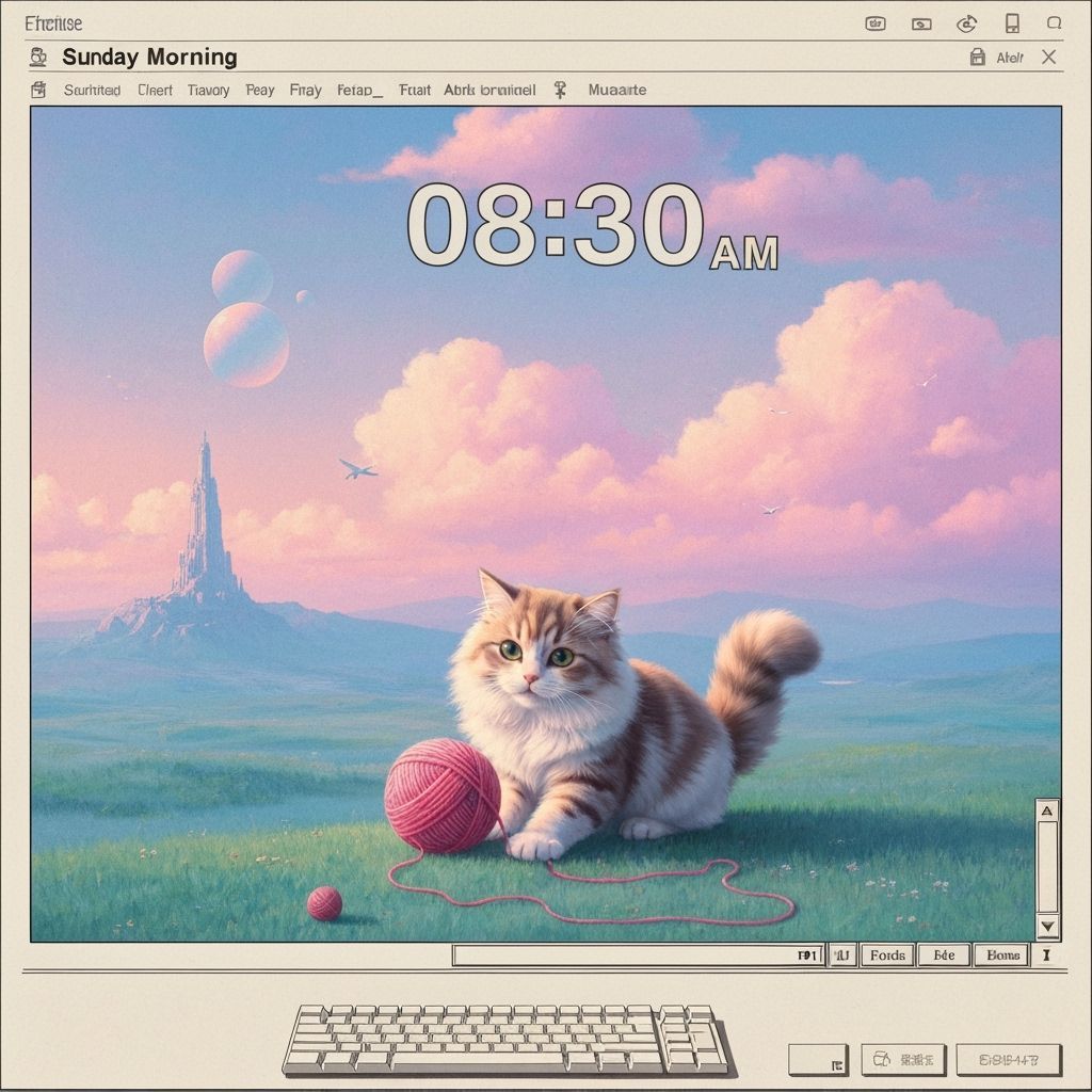 Dreamlike Cat on Retro Desktop in Surreal Style