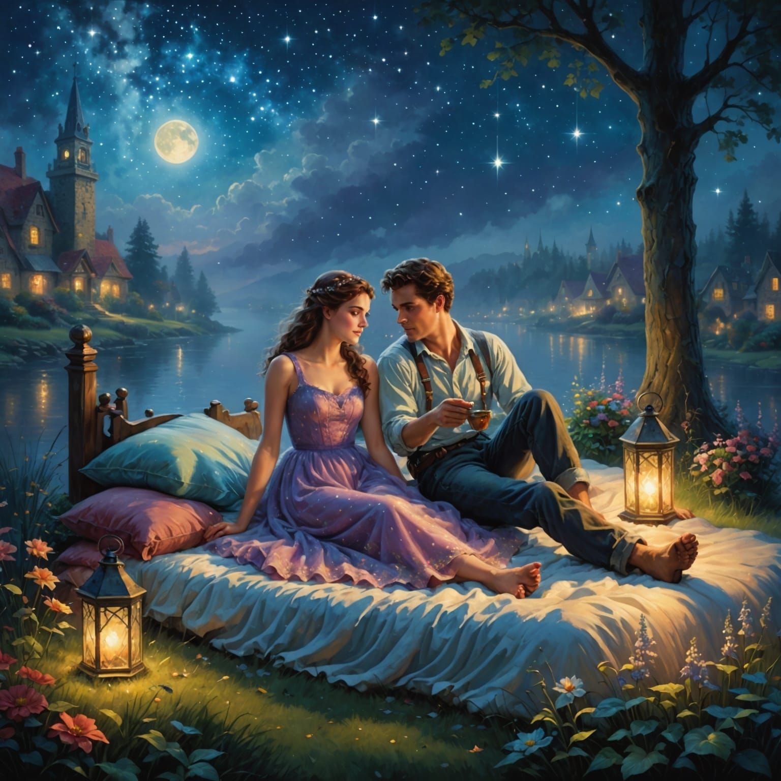 Romantic Couple Stargazing on Summer Night